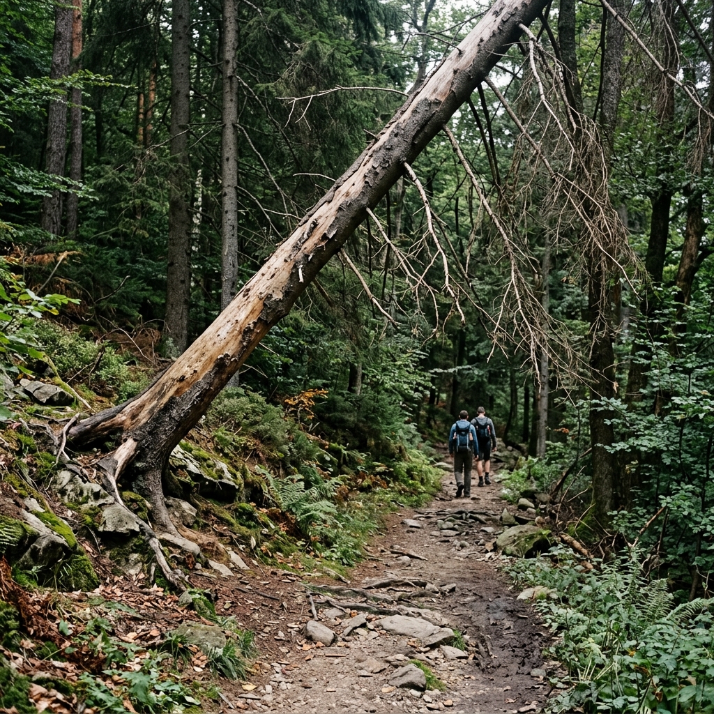 Umgestürzter Baum auf Wanderweg